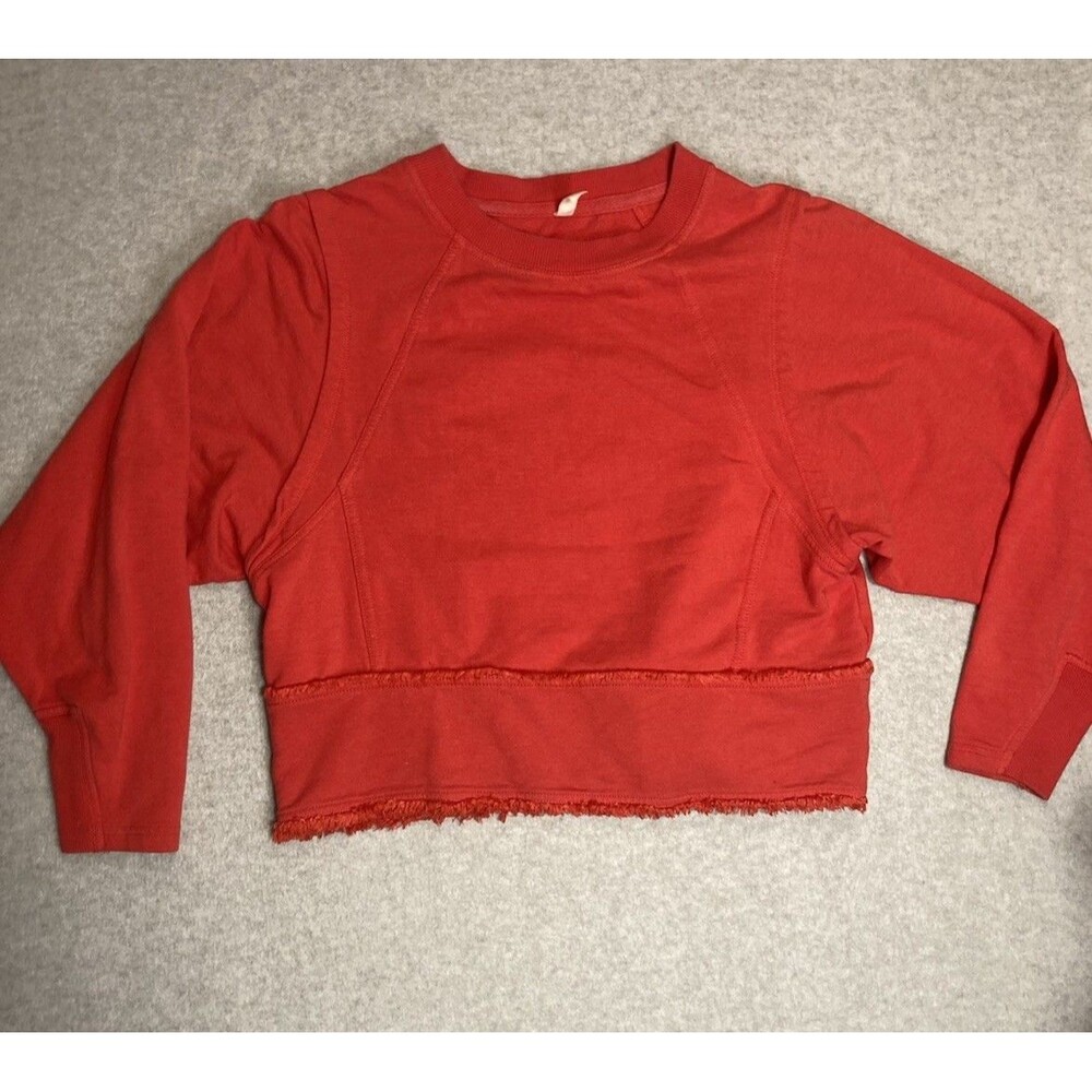 Free People Movement Sz Xs Red Boxy Sweatshirt Fringe Trim Athletic gym fit Cozy